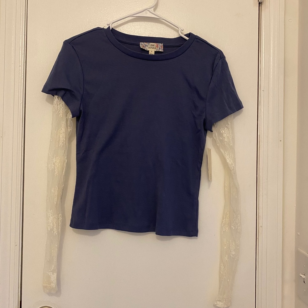 Pink Republic Lace Sleeve Top Layering Tee Shirt Blue Casual Size M